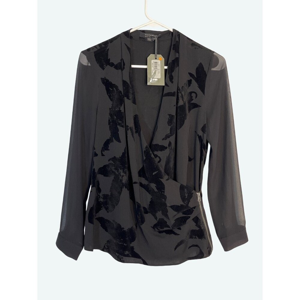 AllSaints Amali Lux Floral Burnout Long Sleeve Crossover Neckline Blouse Black 4